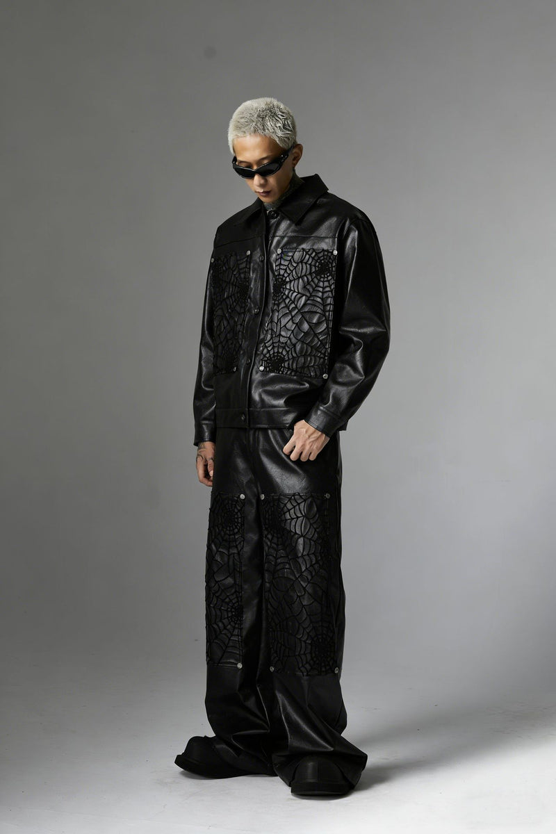 Wide-Leg Faux Leather Pants with Spiderweb Embossed Panels