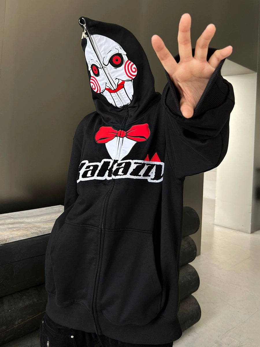 Saw-Inspired Hoodie - 400GSM Oversized Black Zip-Up Horror Movie Sweatshirt