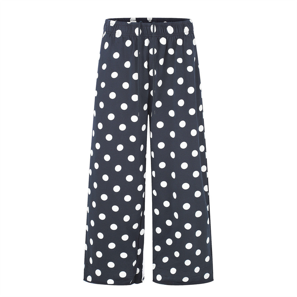 Wide-leg polka dot pants with elastic drawstring waist in navy blue with white dots