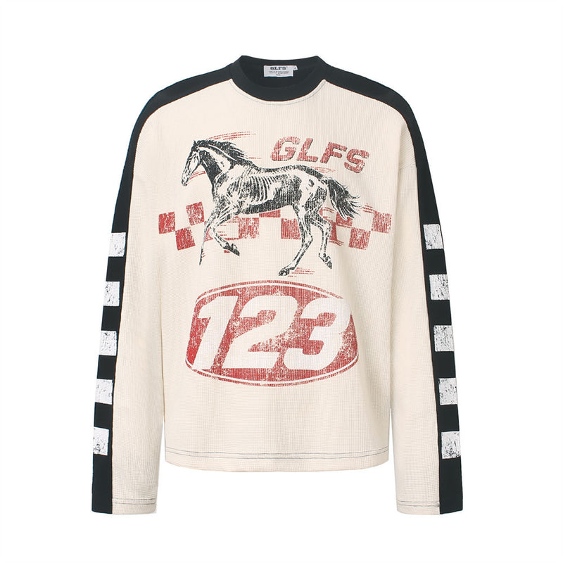 GLFS cream and black colorblock waffle-knit long sleeve shirt with distressed horse skeleton racing graphic and checkered sle