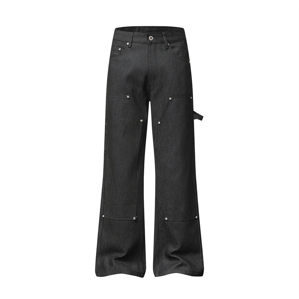 Black Baggy Flare Cargo Jeans – Wide Leg Denim with Rivet & Patch Detail