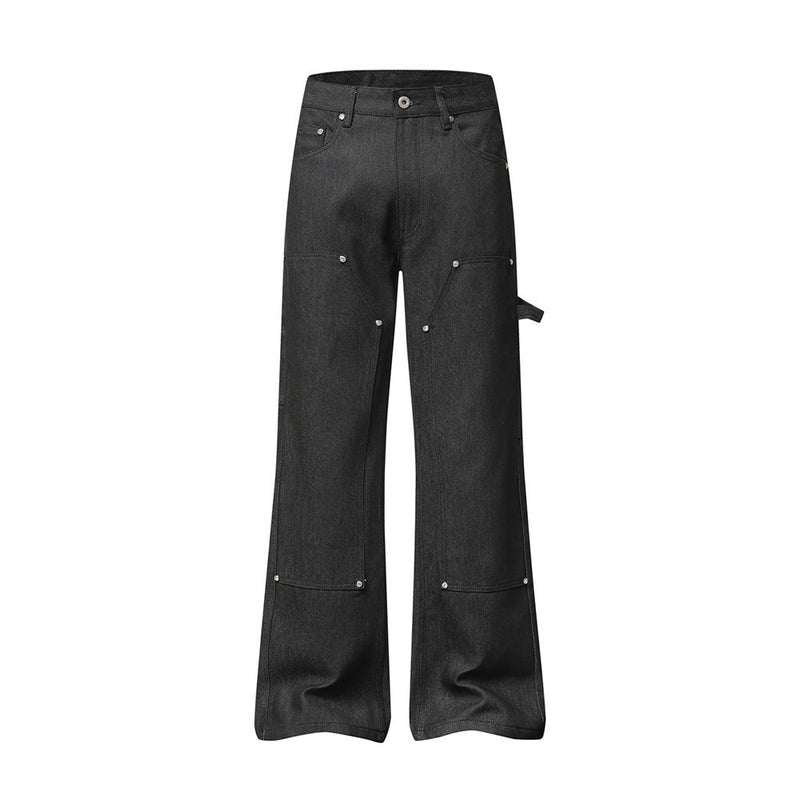 Black Baggy Flare Cargo Jeans – Wide Leg Denim with Rivet & Patch Detail