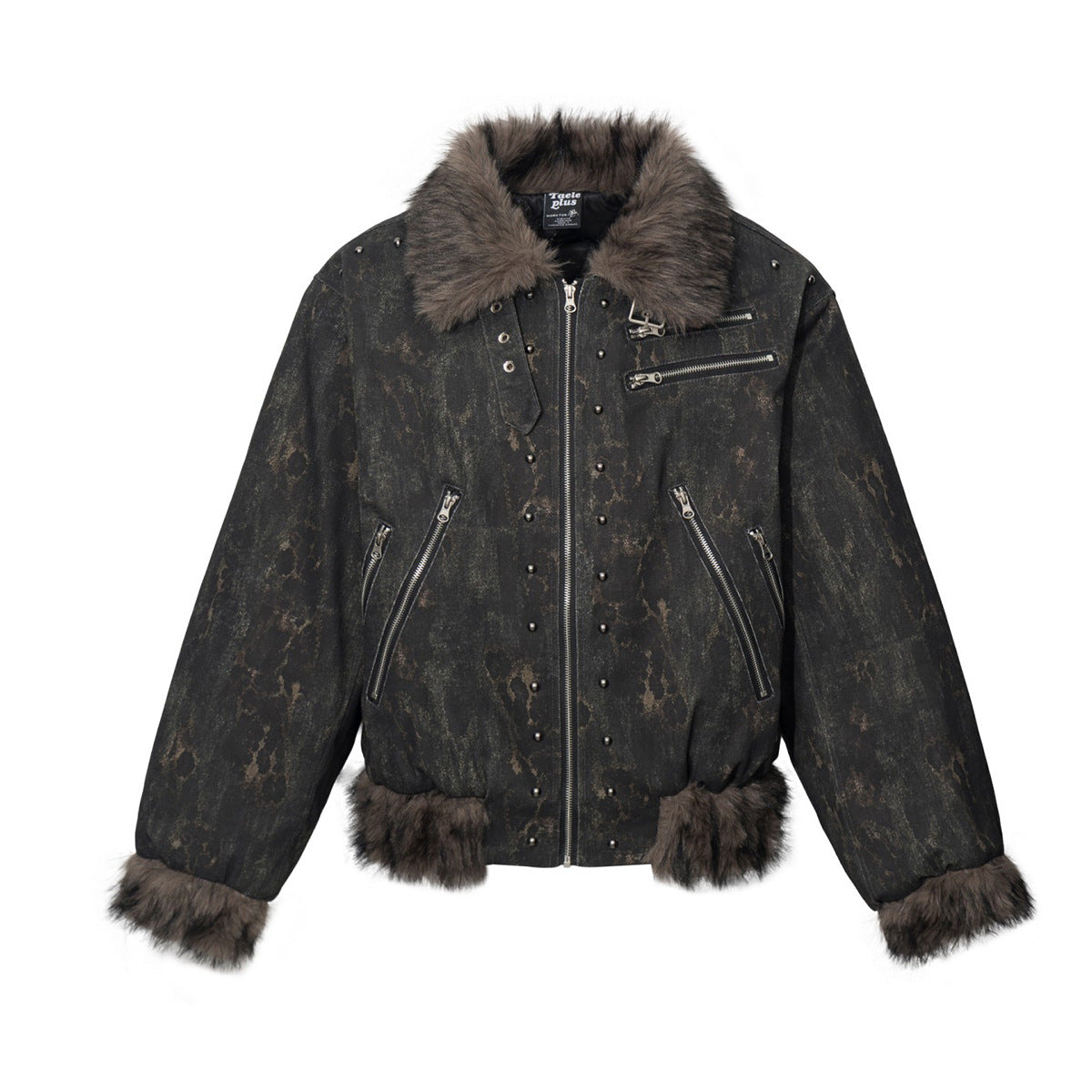 Men's Faux Fur Trim Biker Jacket – Vintage Distressed Leopard Print