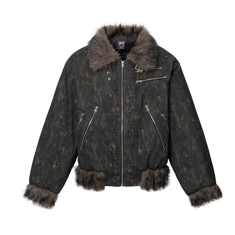 Men's Faux Fur Trim Biker Jacket – Vintage Distressed Leopard Print