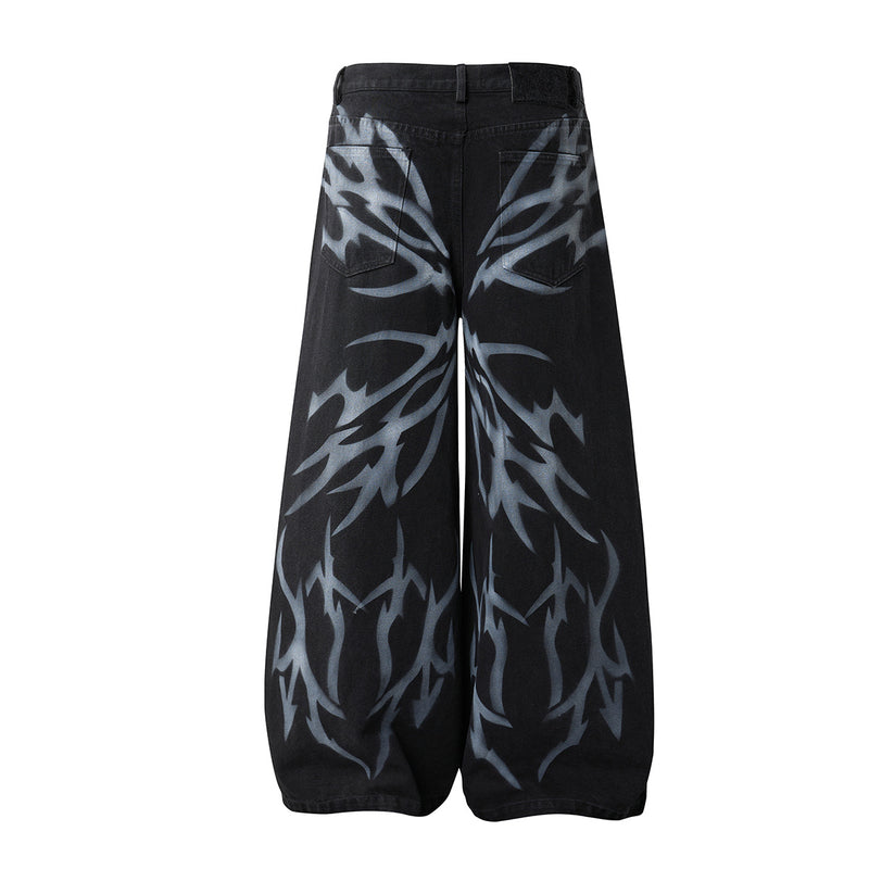 Black Low Rise Baggy Jeans with Tribal Spray-Paint Graphic Wide Leg