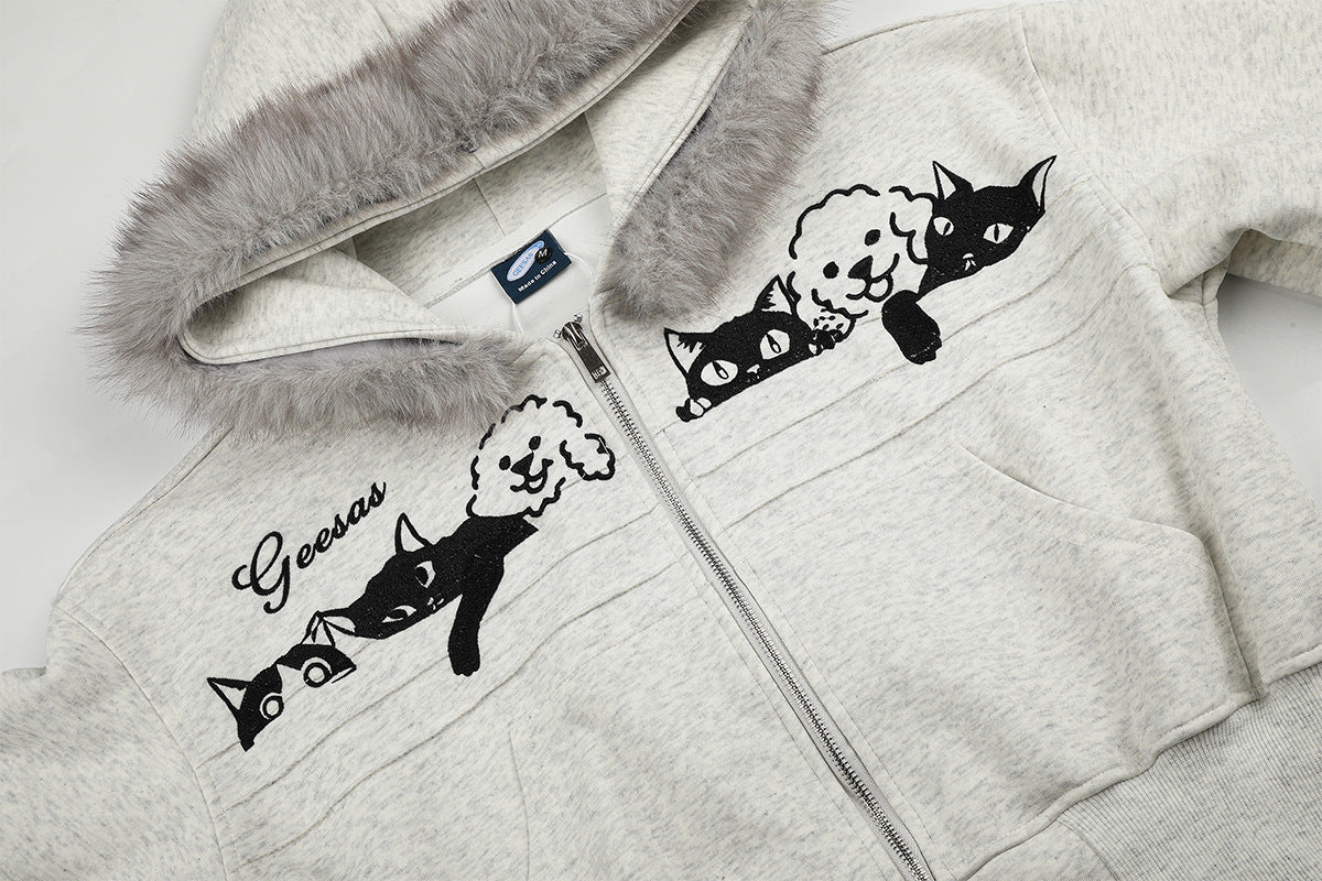 Sweat à capuche zippé brodé chat avec col en fausse fourrure – Style bomber court