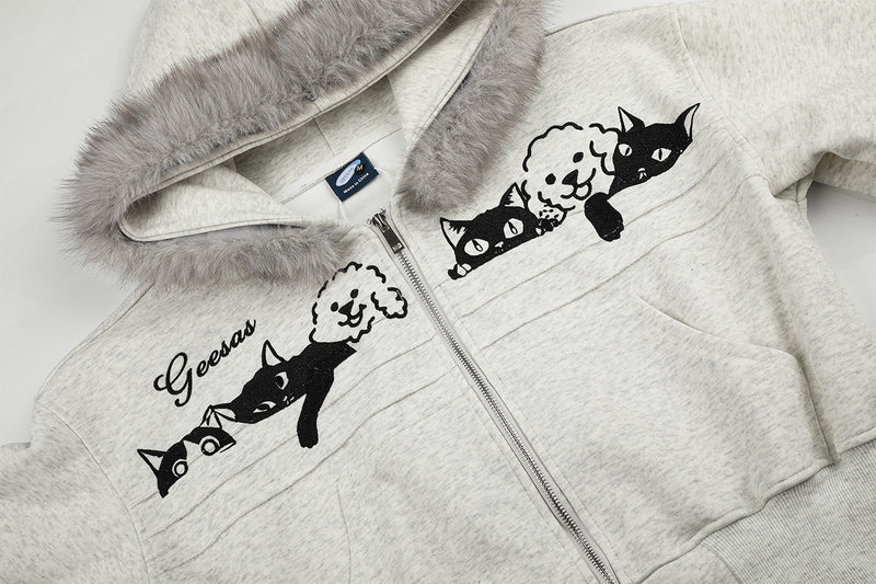 Sweat à capuche zippé brodé chat avec col en fausse fourrure – Style bomber court