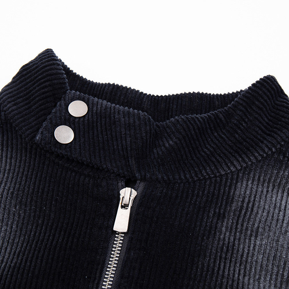 Biker Jacket for Men – Distressed Corduroy Stand-Collar Moto Jacket in Black