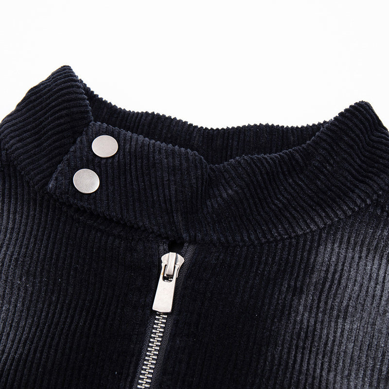 Biker Jacket for Men – Distressed Corduroy Stand-Collar Moto Jacket in Black