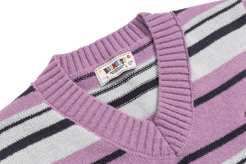 Striped V-Neck Sweater Vest with Dog Embroidery – Relaxed Fit Knit