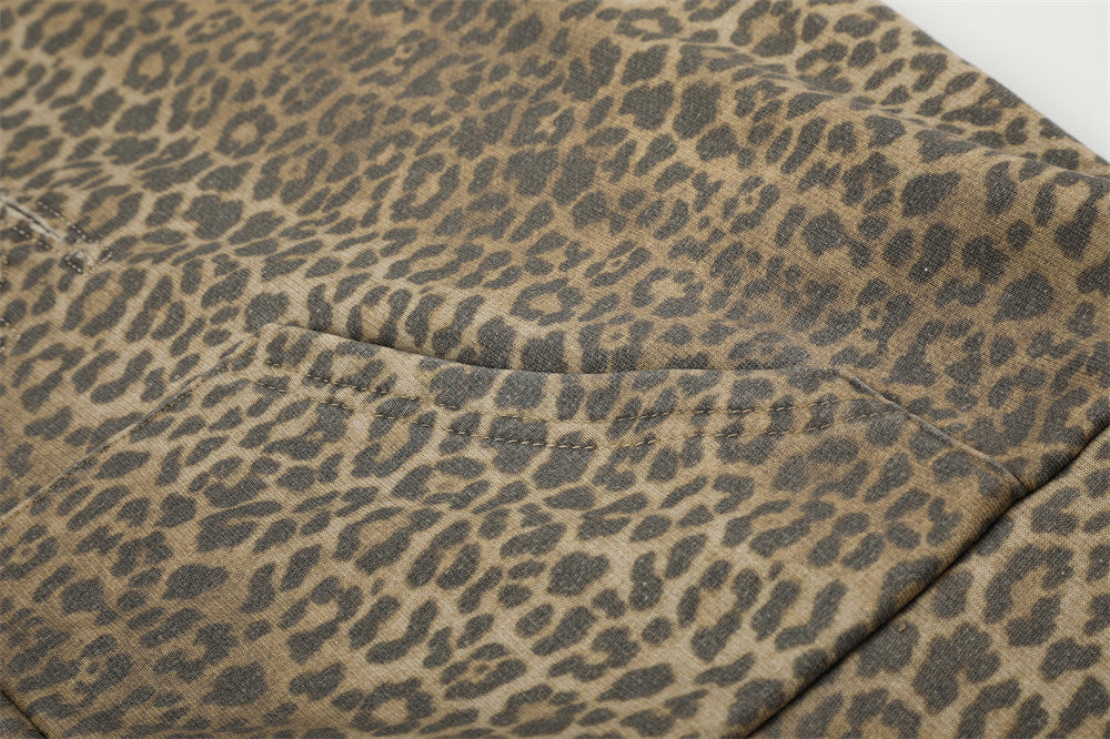Leopard Print Zip-Up Hoodie with Distressed Letter Embroidery