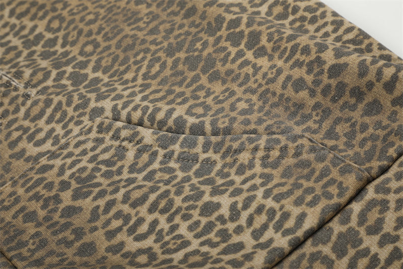 Leopard Print Zip-Up Hoodie with Distressed Letter Embroidery