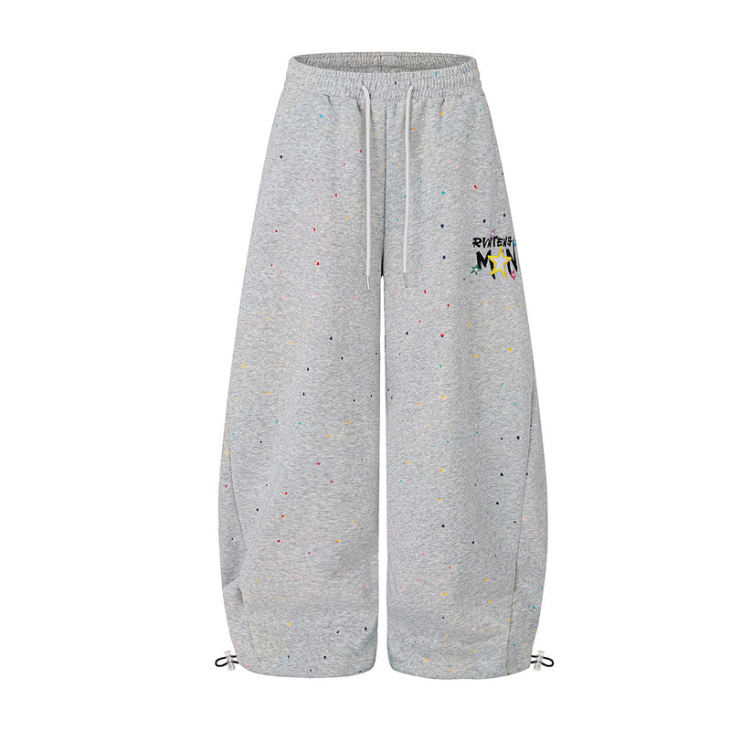 Wide-Leg Sweatpants with Star Embroidery & Paint Splatter Print