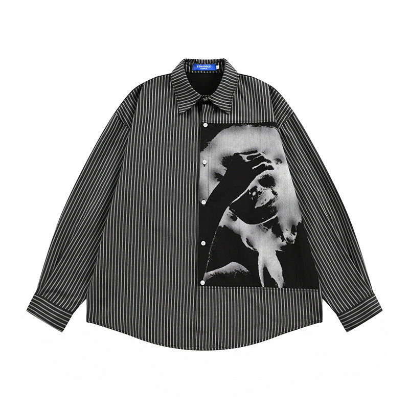 Vertical Stripe Oversized Long Sleeve Shirt with Dark Face Graphic Print