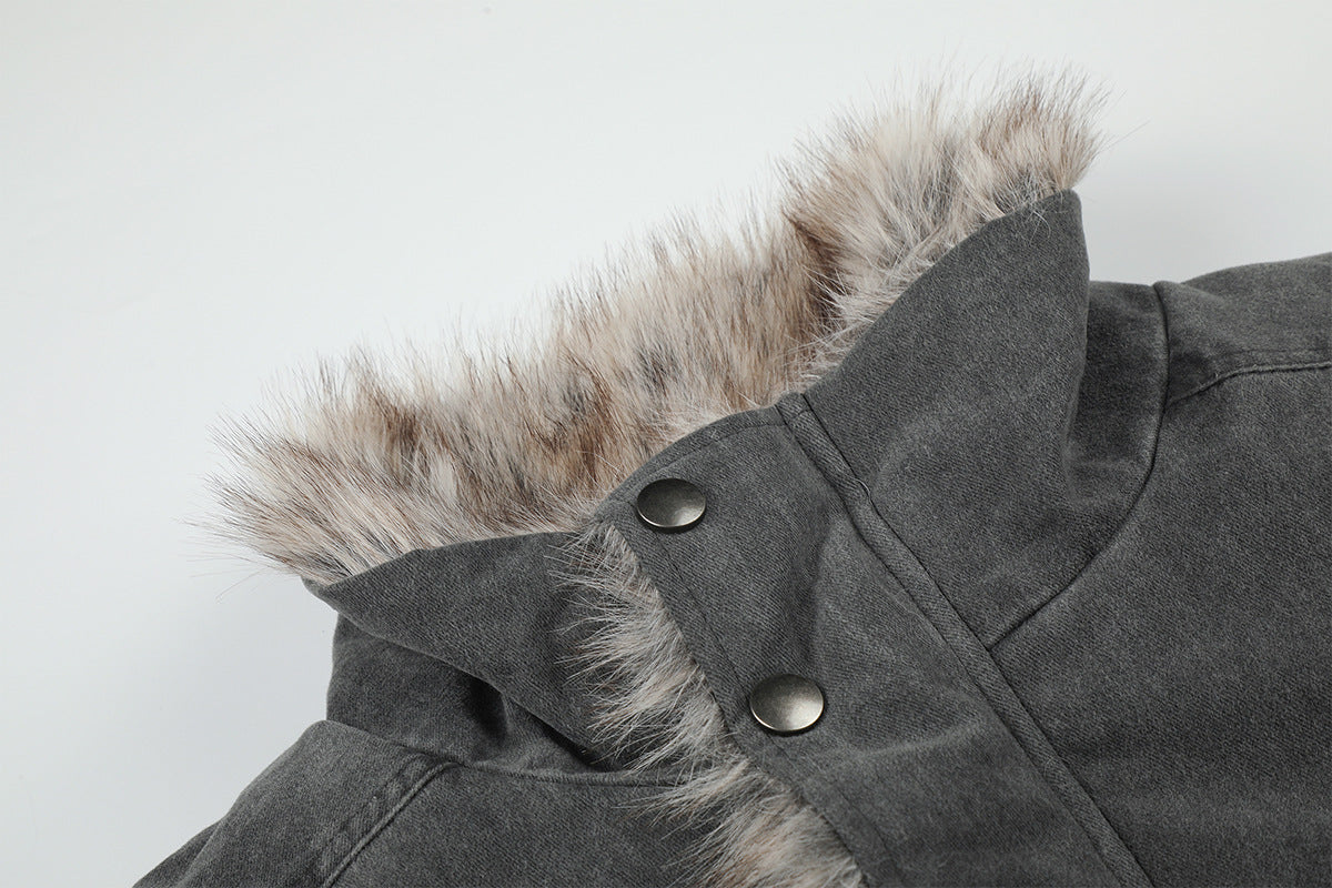 Faux Fur Collar Padded Bomber Jacket – Oversized Cotton Shell