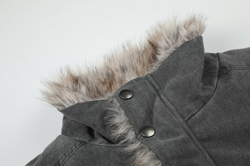 Faux Fur Collar Padded Bomber Jacket – Oversized Cotton Shell