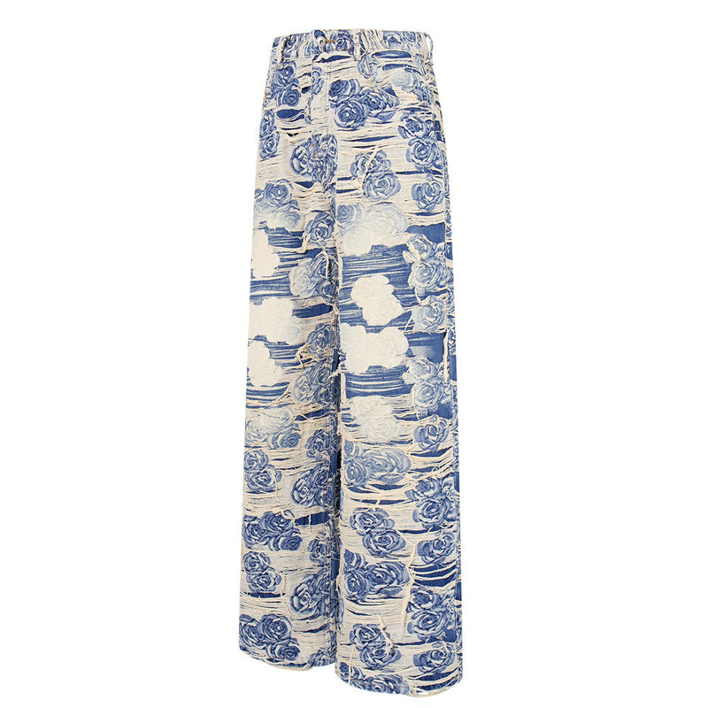 Rose Jacquard Distressed Wide-Leg Jeans – Blue Floral Fringe Denim