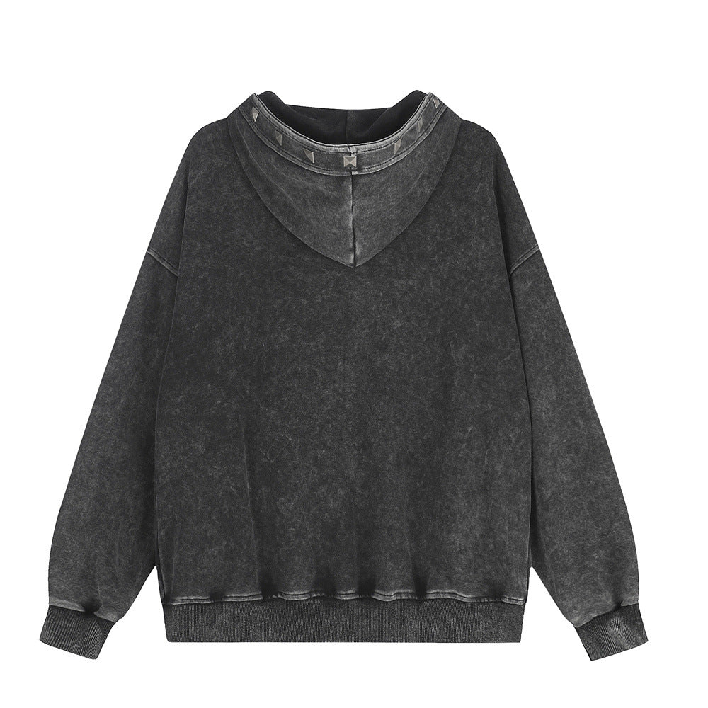 Sudadera con cremallera y lavado ácido con tachuelas piramidales – Estilo heavy metal extragrande