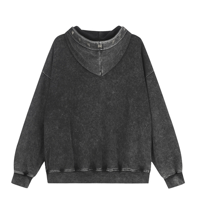 Sudadera con cremallera y lavado ácido con tachuelas piramidales – Estilo heavy metal extragrande