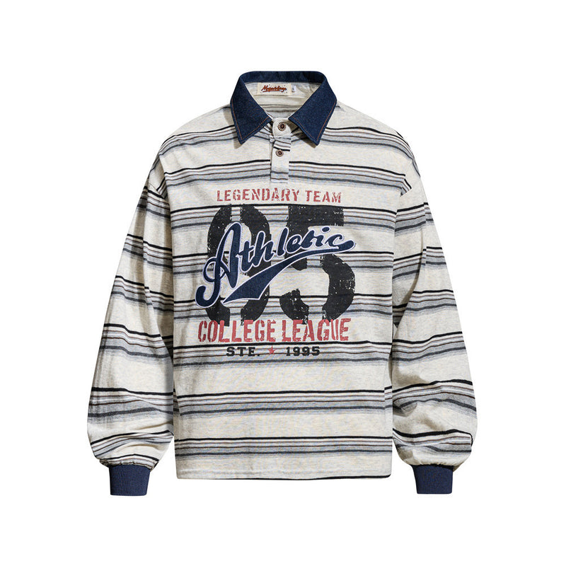 Striped Rugby Polo Shirt – Vintage American College Graphic Long Sleeve