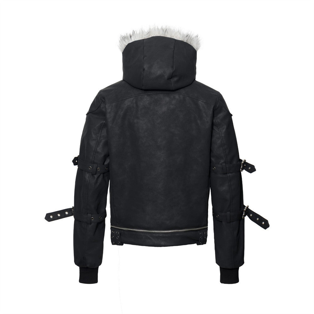 Black Punk PU Leather Hooded Jacket with Faux Fur Trim & Buckle Strap Sleeves