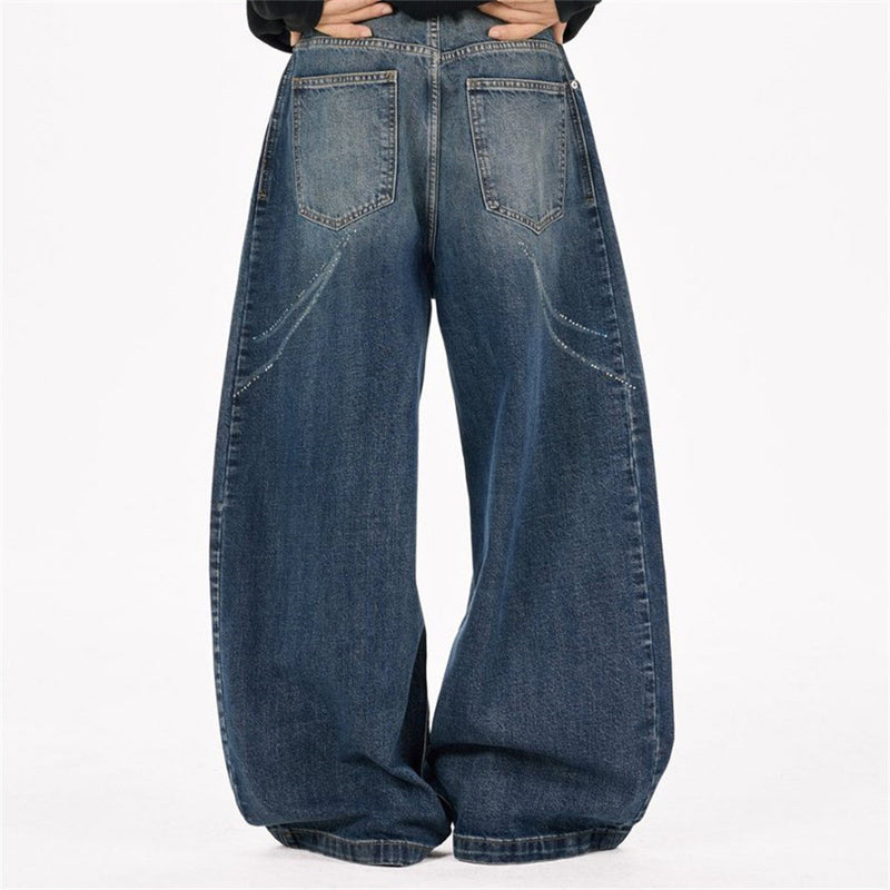Men's Super Baggy Jeans – Rhinestone Wing Graphic Wide-Leg Denim, Washed Blue