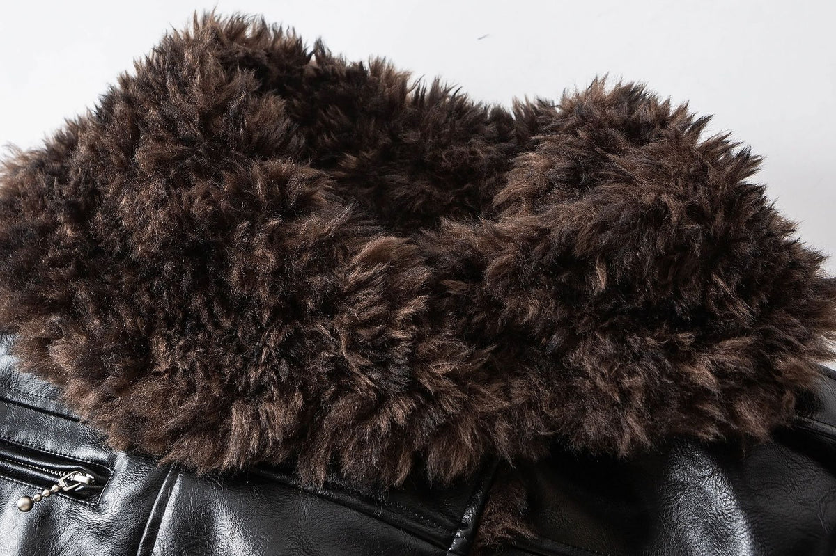 Men's Faux Shearling Collar Leather Bomber Jacket – Oversized Black Winter
