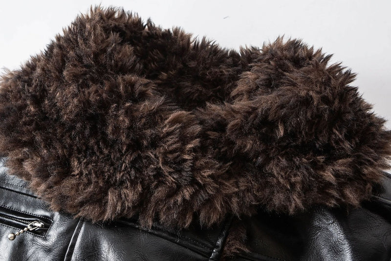 Men's Faux Shearling Collar Leather Bomber Jacket – Oversized Black Winter