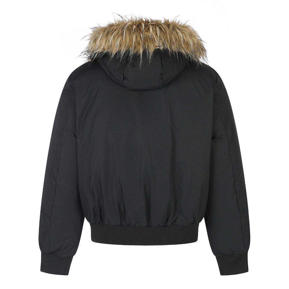 Fur-Trim Hooded Bomber Down Jacket – Oversized Fit with Stand Collar