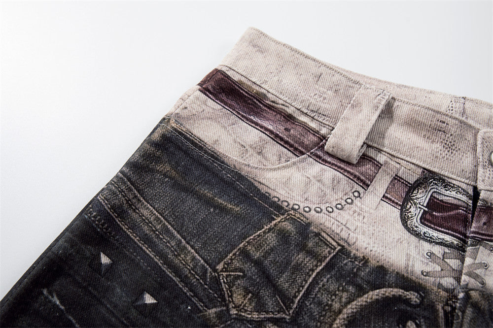 Wide-Leg Jeans with Faux Double Waistband, Rope Lace-Up & Distressed Patchwork