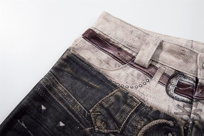 Wide-Leg Jeans with Faux Double Waistband, Rope Lace-Up & Distressed Patchwork