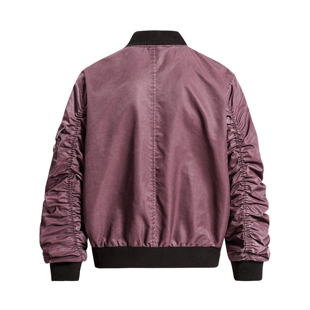 Bomber Jacket for Men – Washed Oversized Fit with Metal Clasp & Pleated Sleeves