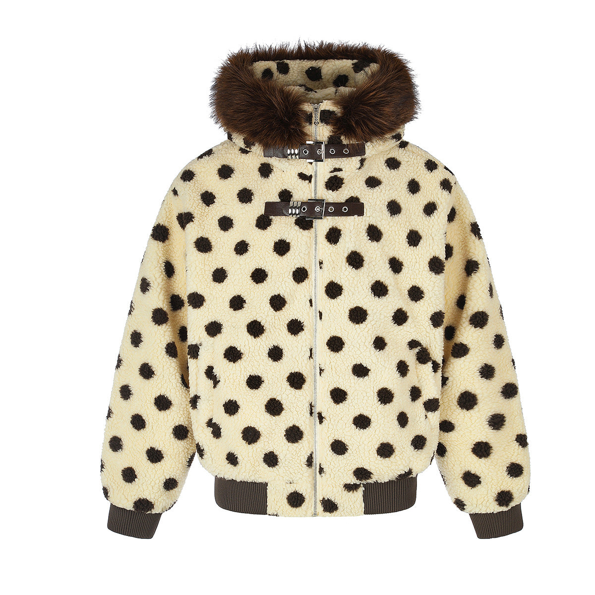Oversized cream polka dot faux shearling bomber jacket with brown faux fur hood trim and buckle strap detail, front and back