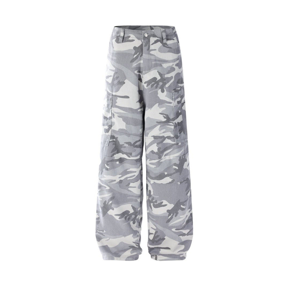 Mens Baggy Cargo Jeans Wide Leg White Camo Pants