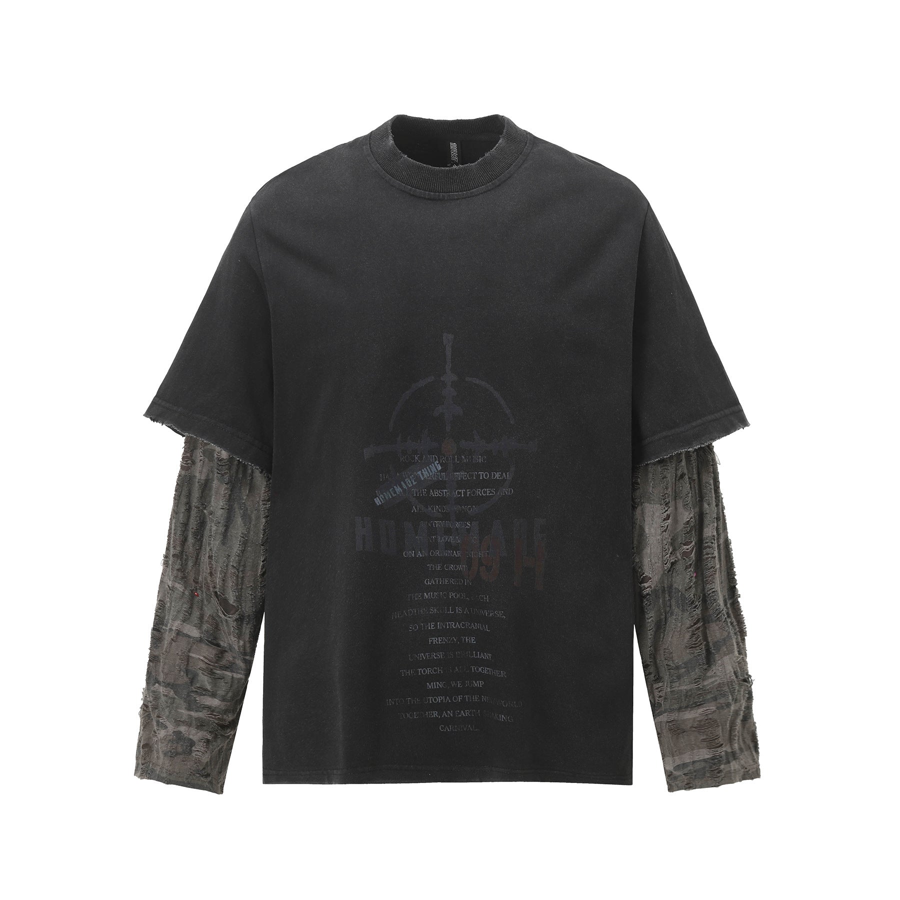 T-shirt manches longues à manches camouflage usées, effet deux pièces – Streetwear noir délavé