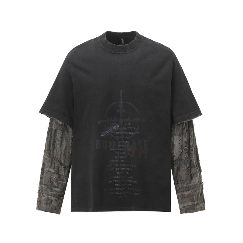 T-shirt manches longues à manches camouflage usées, effet deux pièces – Streetwear noir délavé
