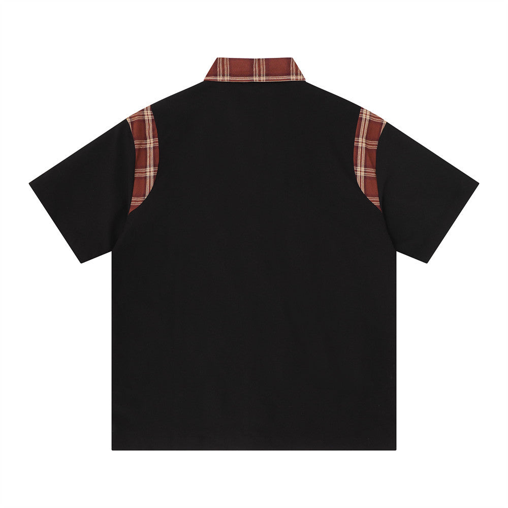 American Streetwear Plaid Patchwork Short Sleeve Shirt