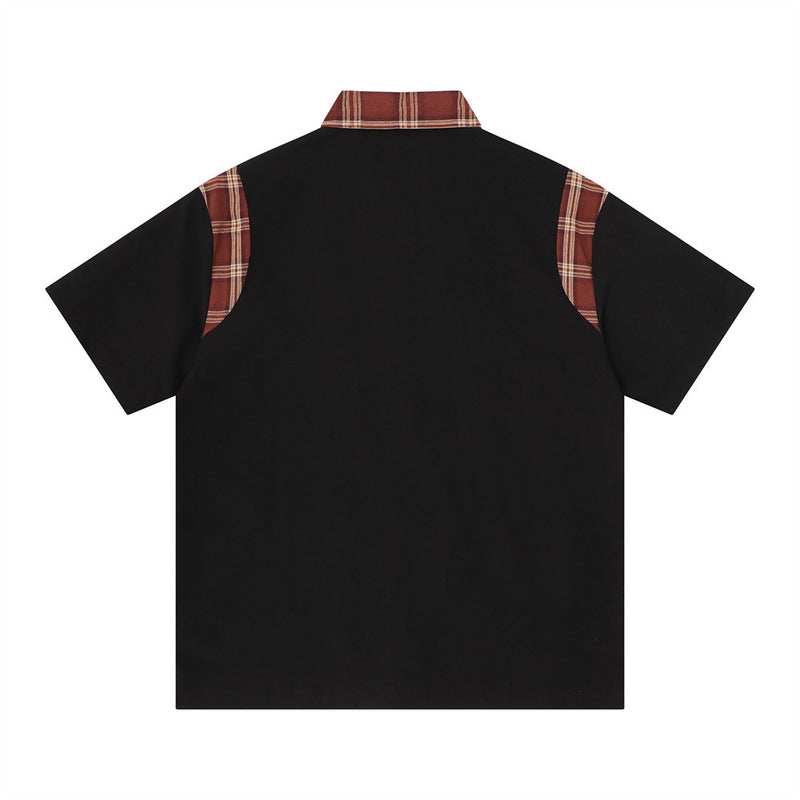 American Streetwear Plaid Patchwork Short Sleeve Shirt