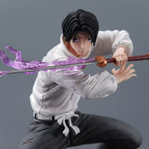 The Jujutsu Kaisen Yuta Okkotsu PVC Figure (21 cm) perfectly embodies a collectible with Yuta posed dynamically, wielding a cursed sword wrapped in purple energy. He features black hair, a determined expression, and dons a white shirt and black pants against a plain gray backdrop.