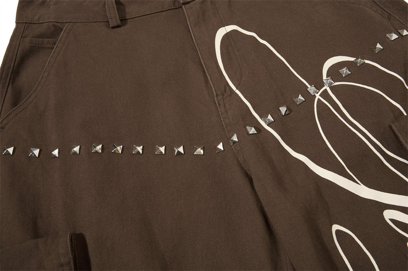 Men's Black Cargo Pants Wide-Leg Script Print with Rivet Detail