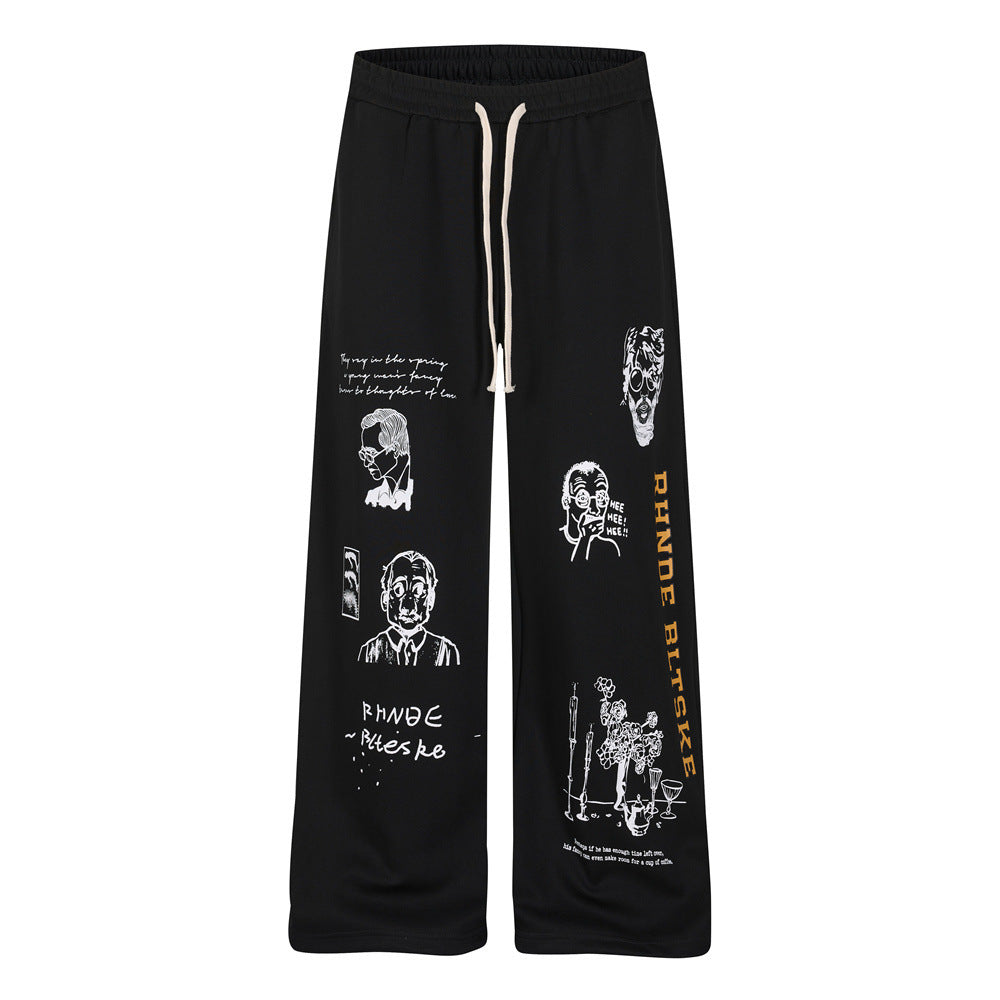 Abstract Portrait Graphic Wide-Leg Sweatpants – Men's Loose Fit Hip-Hop Street