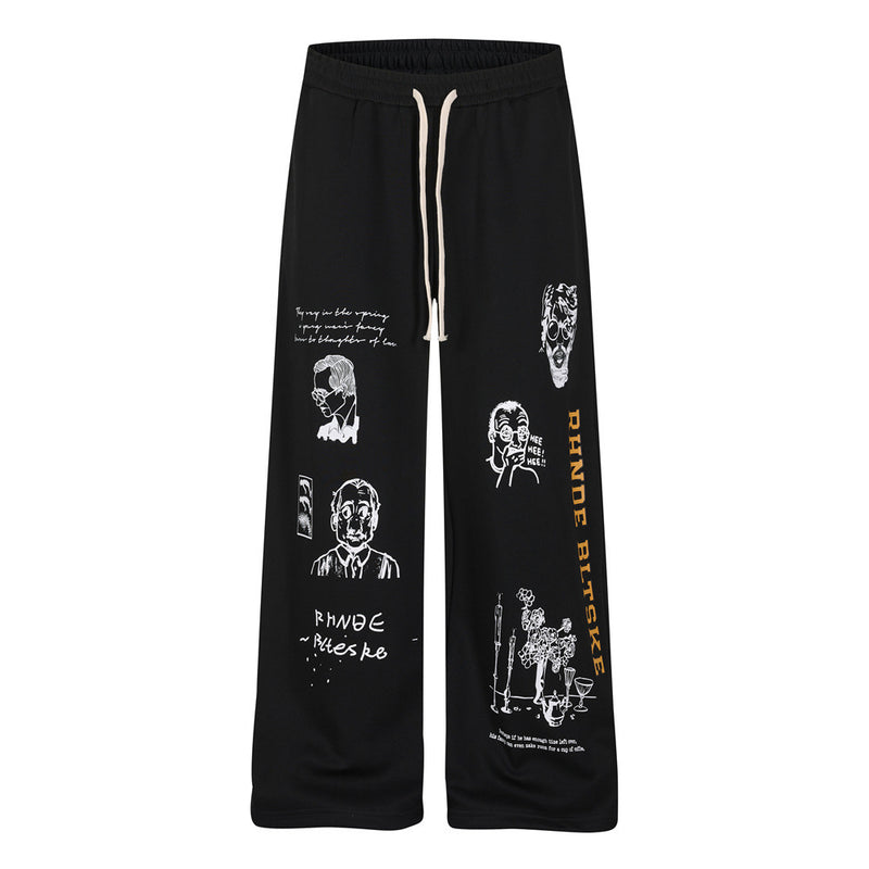 Abstract Portrait Graphic Wide-Leg Sweatpants – Men's Loose Fit Hip-Hop Street