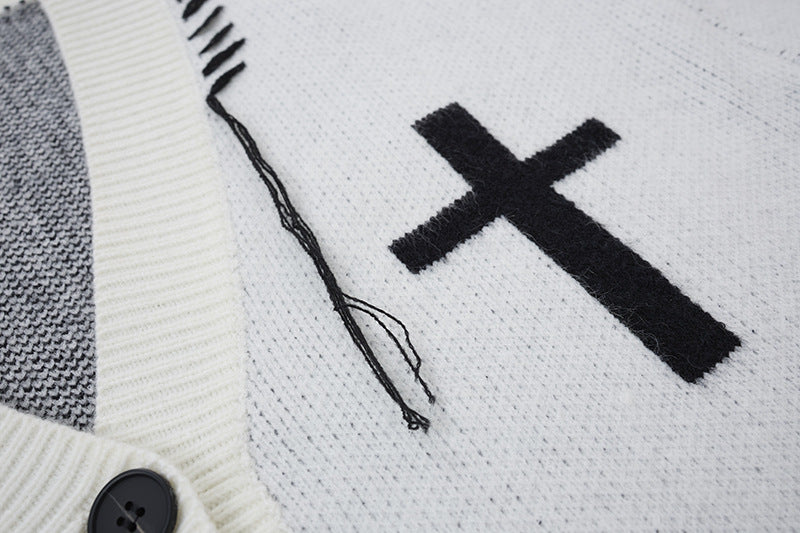 Gilet en maille à motif croisé et lettres gothiques – Pull destroy pour homme