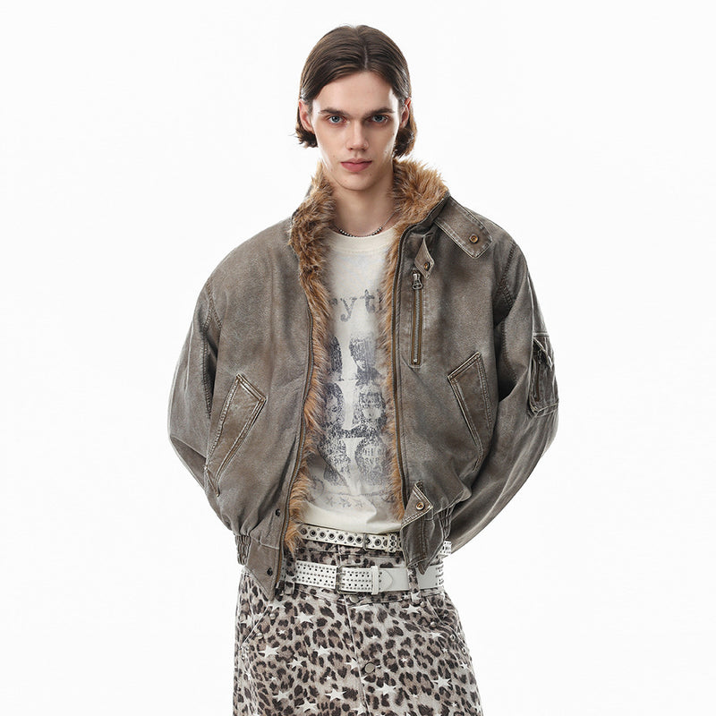 Men's Distressed Bomber Jacket with Faux Fur Collar – Padded Stand-Collar
