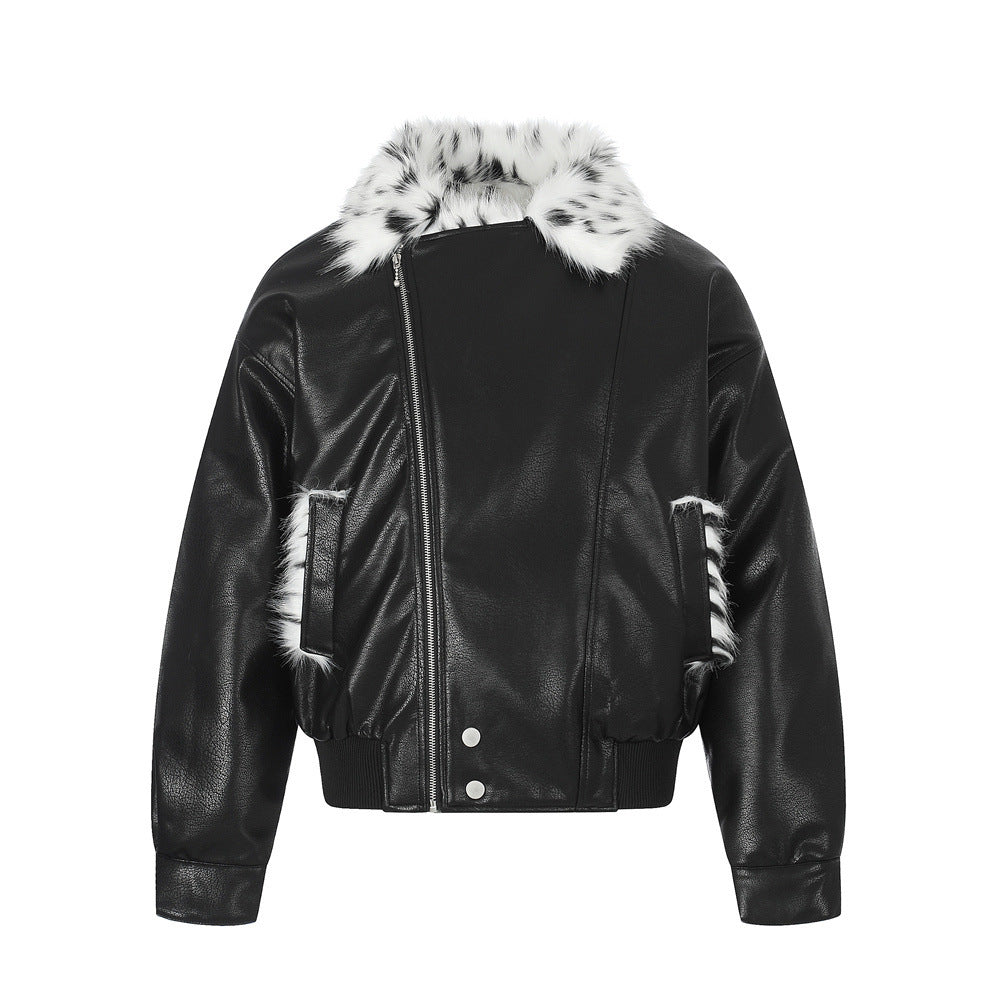 Men's Faux Leather Bomber Jacket with Diagonal Zip & Faux Fur Collar