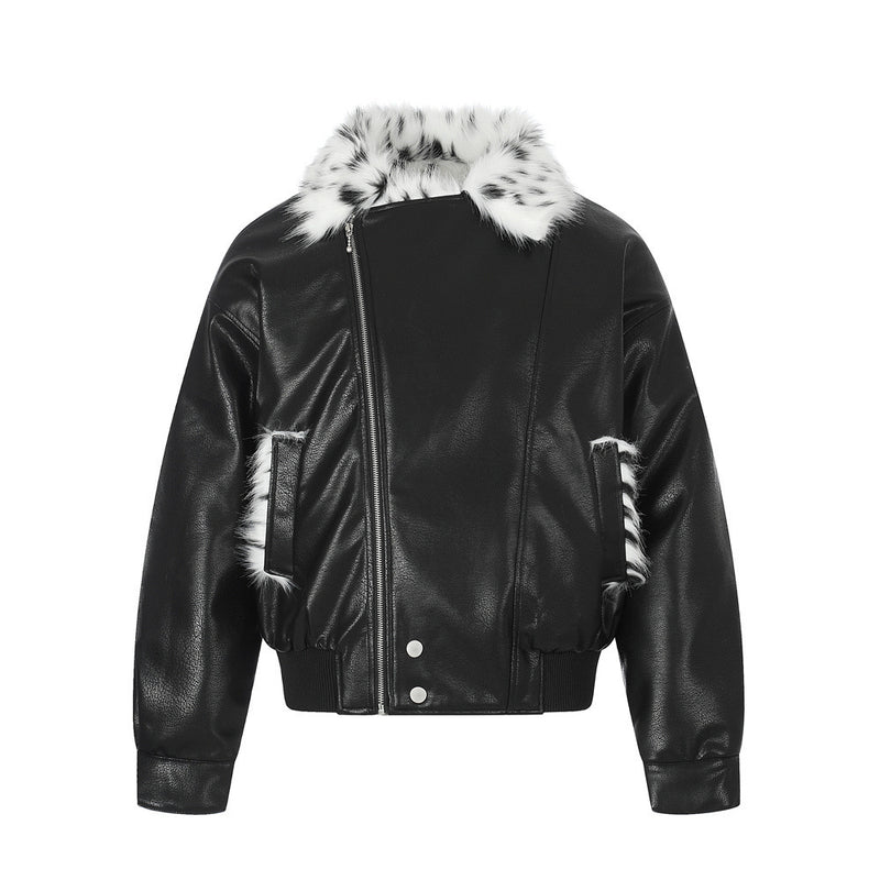 Men's Faux Leather Bomber Jacket with Diagonal Zip & Faux Fur Collar