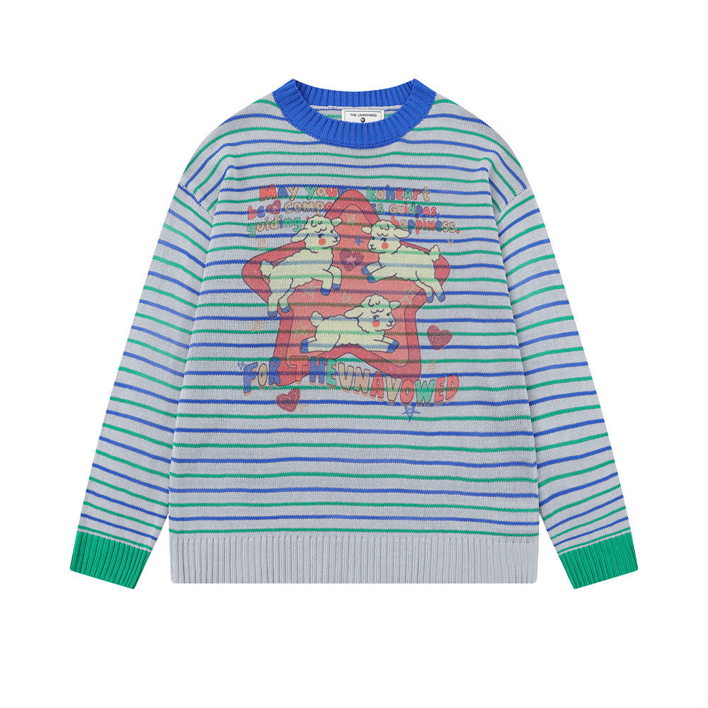 Jersey de punto oversize de hombre, con cuello redondo y rayas, y estampado gráfico de cordero y estrella de dibujos animados en gris, azul y verde