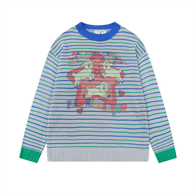 Jersey de punto oversize de hombre, con cuello redondo y rayas, y estampado gráfico de cordero y estrella de dibujos animados en gris, azul y verde