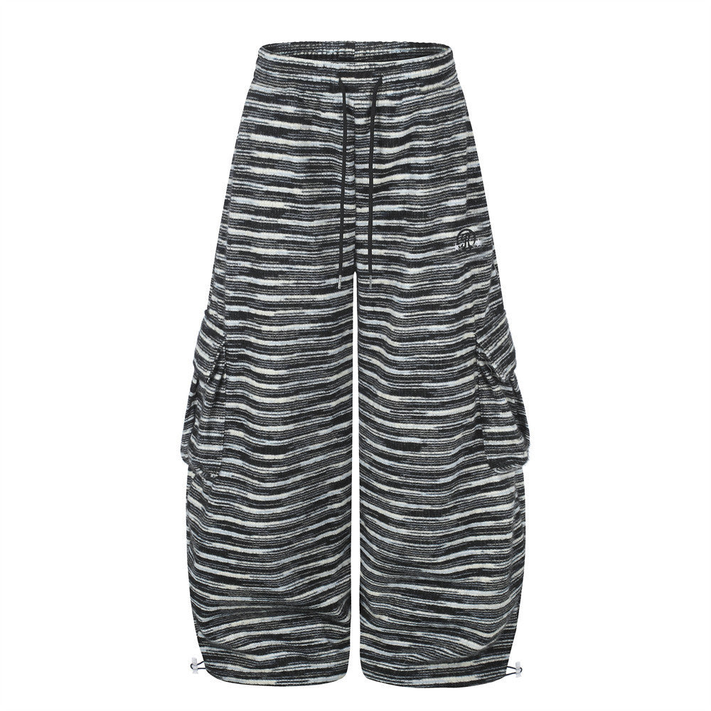 Wide-Leg Striped Cargo Pants – Relaxed Fit Multi-Pocket Streetwear Trousers