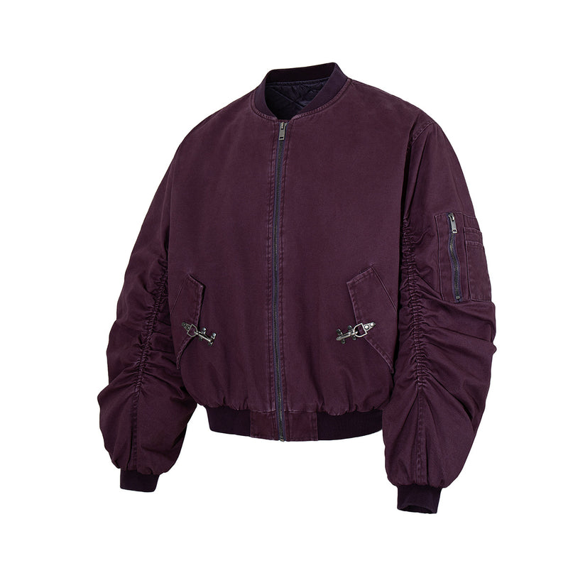 Oversized Bomber Jacket with Ruched Sleeves and Buckle Detail